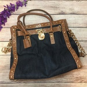 Michael Kors Hamilton Dark Denim PickStitch, Large Studded Tote
